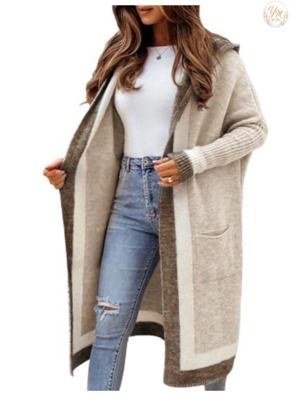 Cable Knit Hooded Long Cardigan Oversized Color Block Open Front Sweater